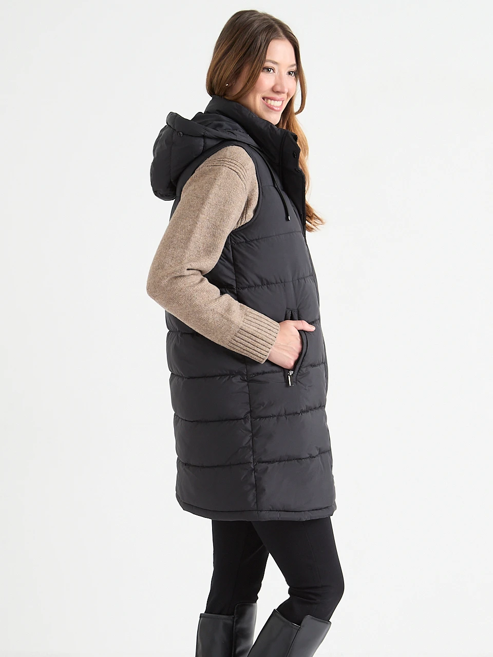 Black Carlyn Long Puffer Vest with Detachable Hood & Fur Trim