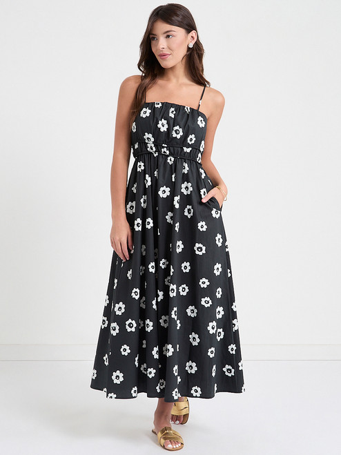Strappy Smocked Poplin Midi Dress