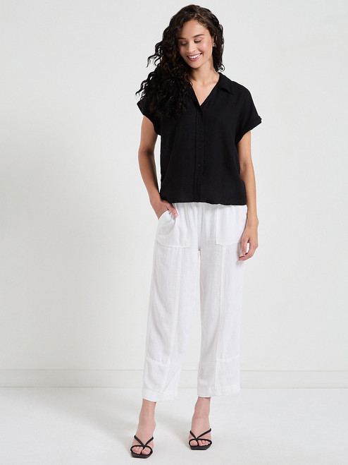 Black Short Sleeve Linen Button Up Blouse
