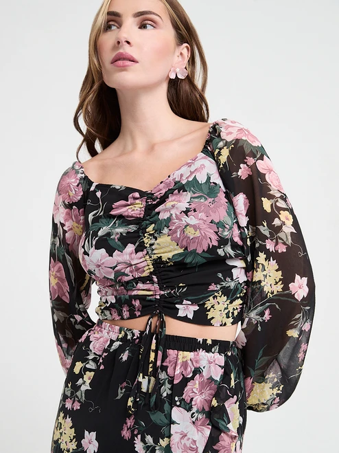 Channel Front Cropped Sweetheart Blouse in Black Grand Floral Print