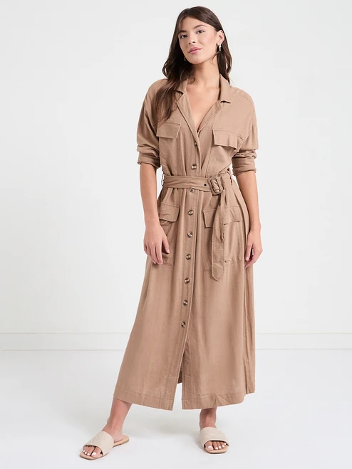Linen Blend Midi Shirt Dress