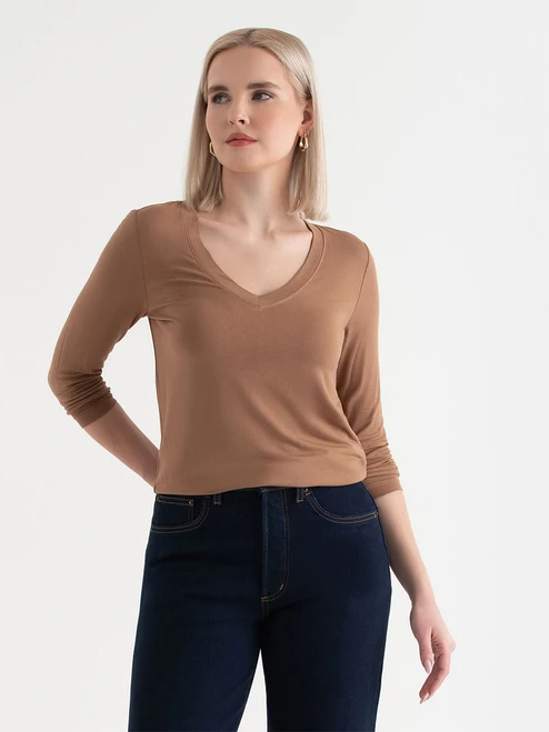 Long Sleeve T-Shirt in Modal in Toasted Coconut