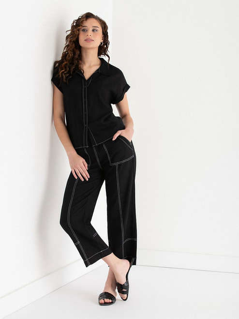 Short Sleeve Linen Button Up Blouse in Black