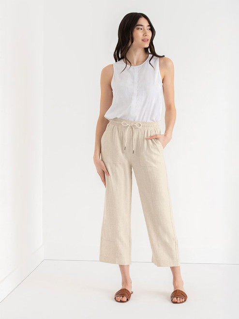 Viscose Linen Pull-On Cropped Leg Pant in Oatmeal