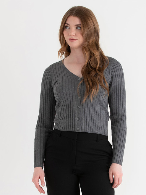 V-Neck Rib Cardigan in Heather Grey in Medium Heather Grey