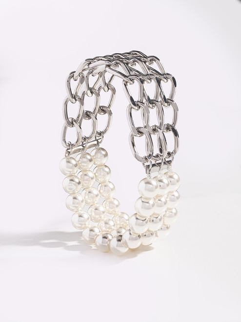 Pearl & Silver Chain Stretch Bracelet