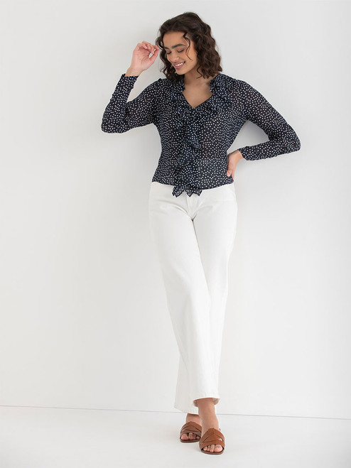 Long Sleeve Ruffle Blouse in Salute Dot Print