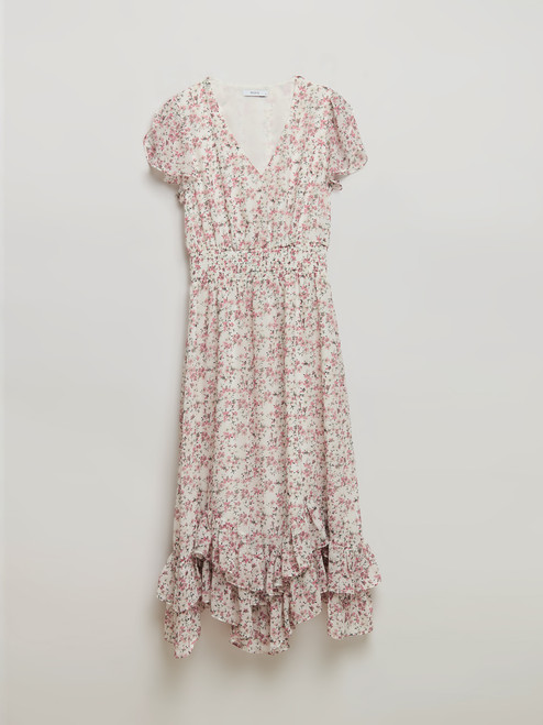 Chiffon Handkerchief Hem Ruffle Dress in Wht Grnd Floral Prnt
