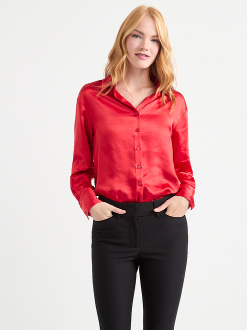 Long Sleeve Satin Blouse in Red
