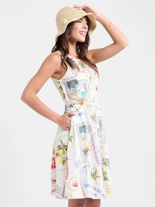 Linen Blend Dress in Postcard Print