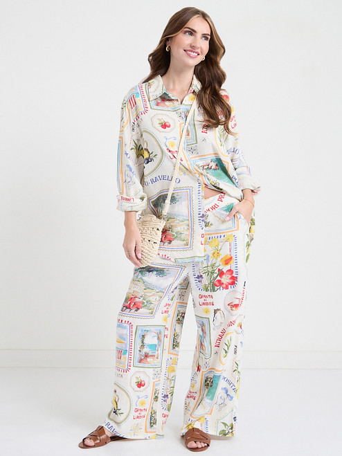 Linen Wide Crop Pant in Postcard Print