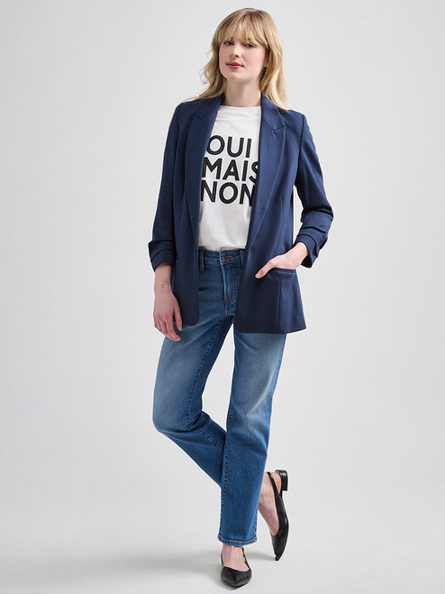 Ponte Ruched-Sleeve Long Line Blazer