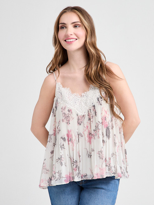 Sleeveless Release Pleat Lace Trim Top