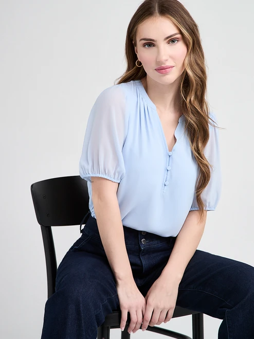Stacey Short Sleeve Blouse with Button Detail in Blue