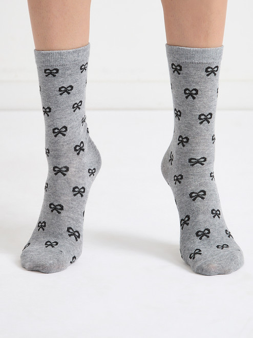 Black Bow Print Grey Crew Socks