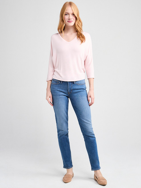 3/4 Sleeve V-Neck Hacci Top in Petal