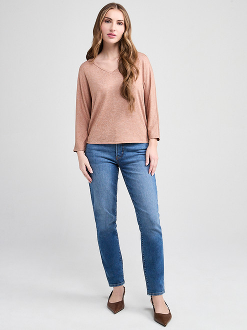 3/4 Sleeve V-Neck Hacci Top in Cognac