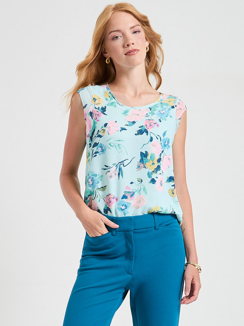 2-Layer Cap Sleeve Blouse in Pastel Blue Floral