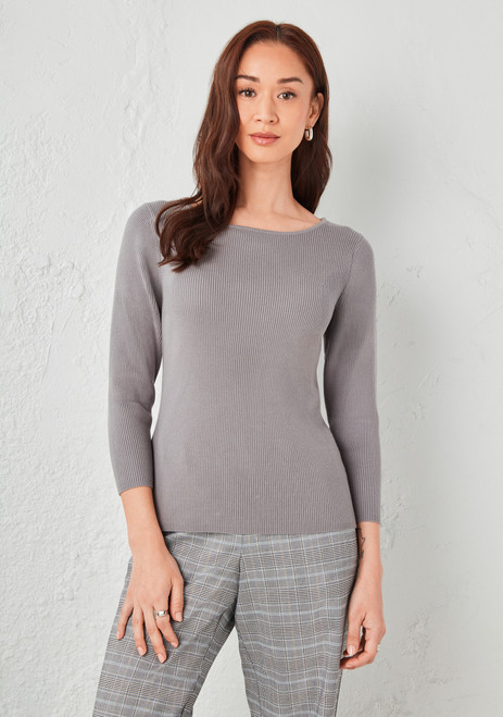 3/4 Sleeve Ribbed Boatneck Sweater in Mid Grey