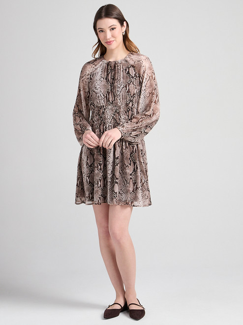Chiffon Pleat Neck Smocked Waist Mini Dress