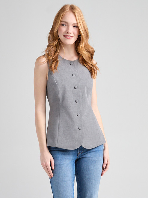 Crew Neck Button Front Vest in Grey Crosshatch