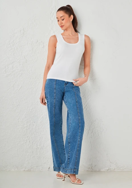 High Rise Braided Waistband Wide Leg Jean in Mid Wash