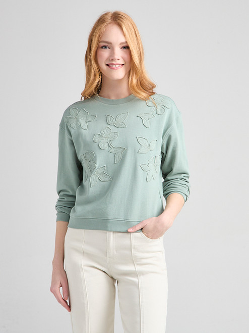 Long Sleeve Crew Neck with Applique in Green Mist