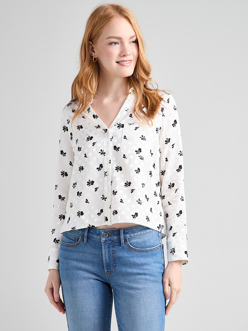 Long Sleeve Cropped Collared Blouse in Floral Dot