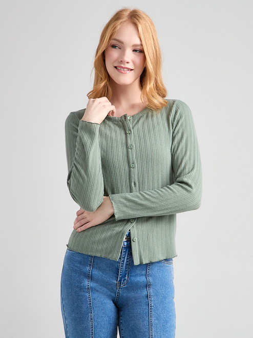 Long Sleeve Pointelle Cardigan in Sage