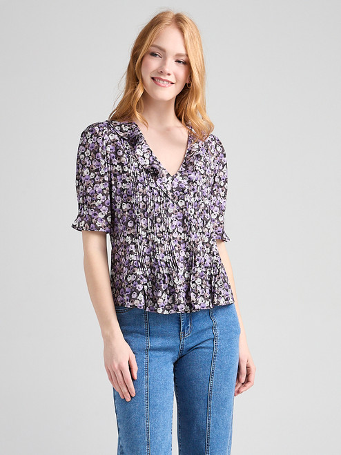 Short Puff Sleeve Ruffled Blouse in Purple Ditsy