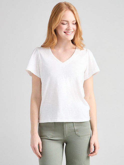 Short Sleeve V-Neck Embroidered Top in Ivory