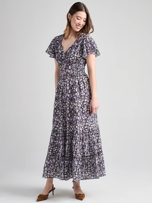 V-Neck Flutter Sleeve Maxi Dress in Purple Ditsy