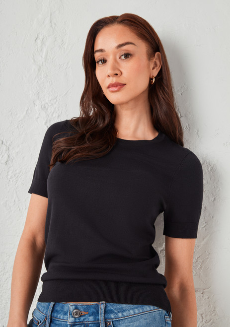 Crew Neck Short Sleeve Sweater in Black