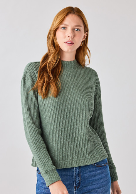 Long Sleeve Ribbed Funnel Neck Top in Laurel