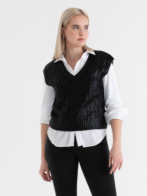 Cable Knit V-Neck Sweater Vest in Black Metallic