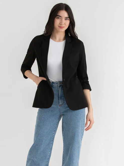 Hampton Three Quarter Ruched Sleeve Ponte Blazer