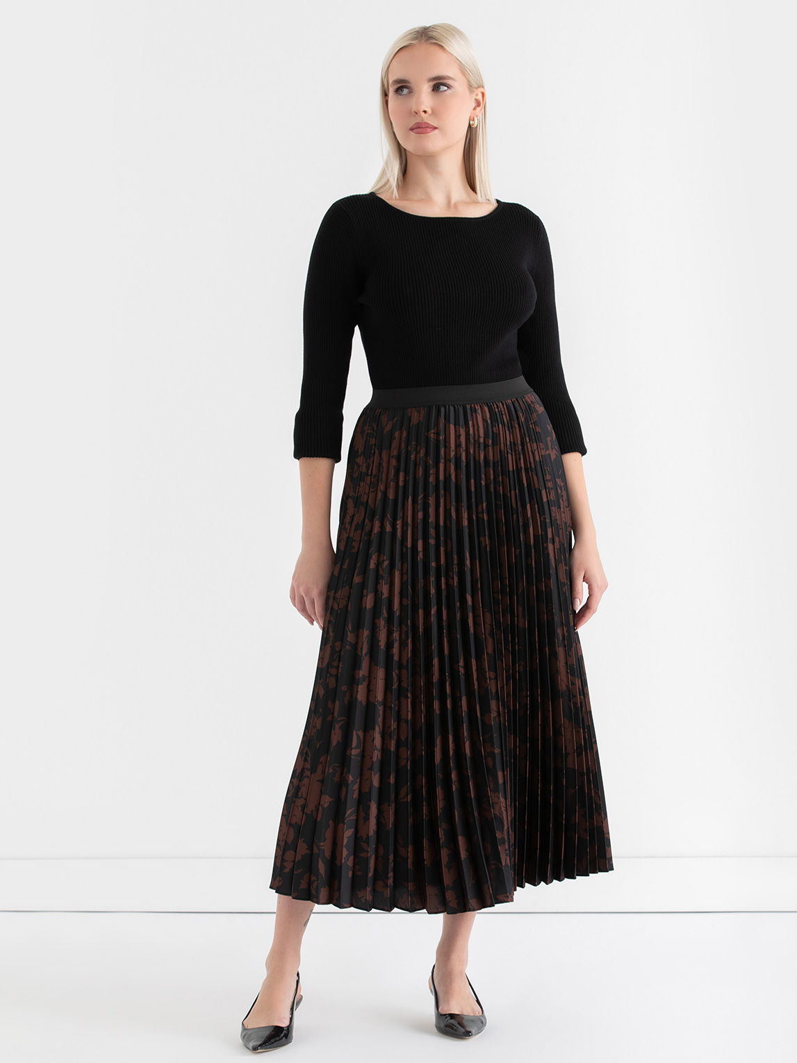 Pleated Floral Midi Skirt