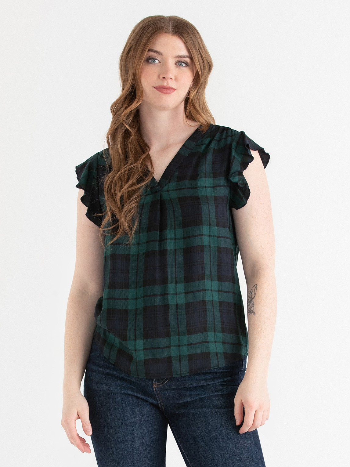 Flutter Sleeve V-Neck Plaid Blouse
