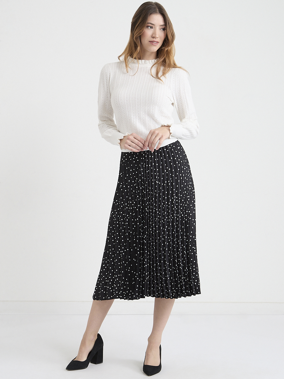 Pleated Satin Midi Skirt
