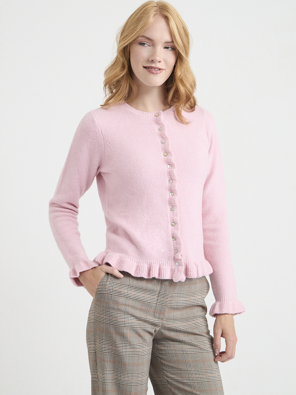 Ruffle-Trim Button-Front Cardigan