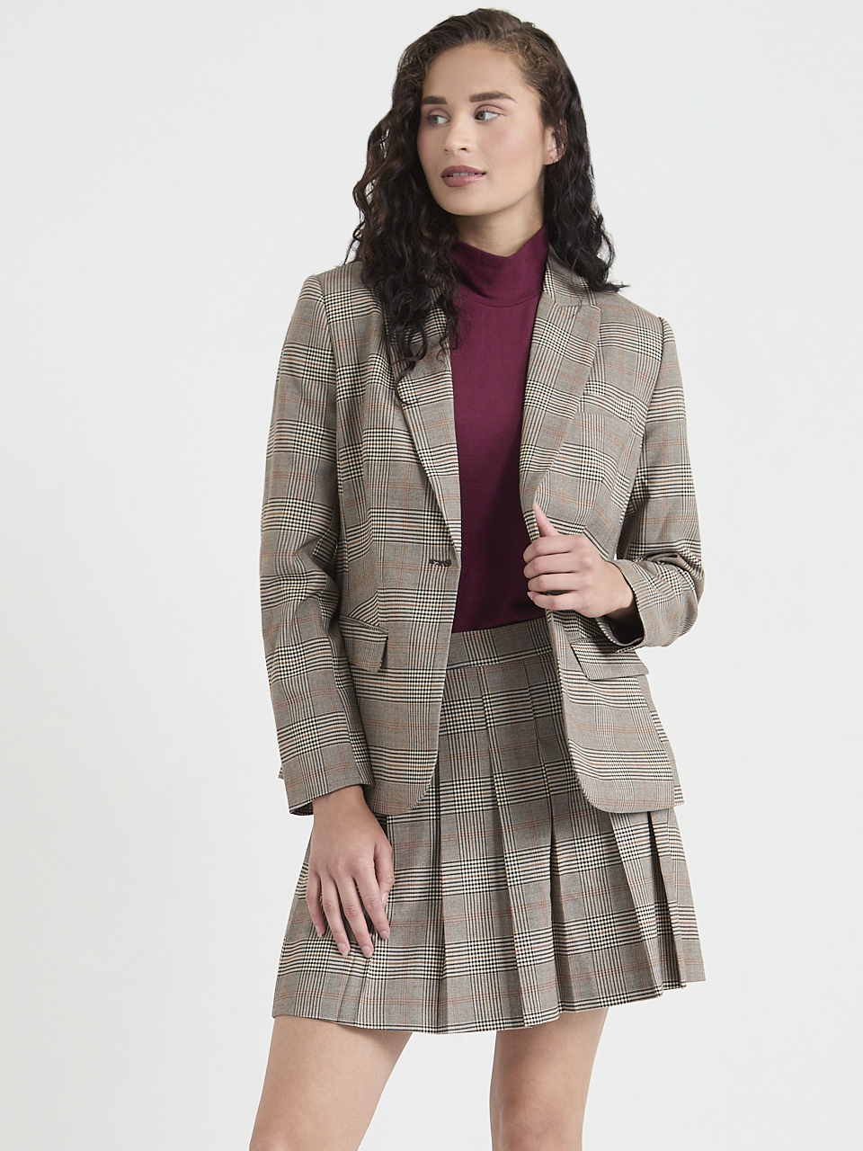 Tailored Brown Plaid Blazer