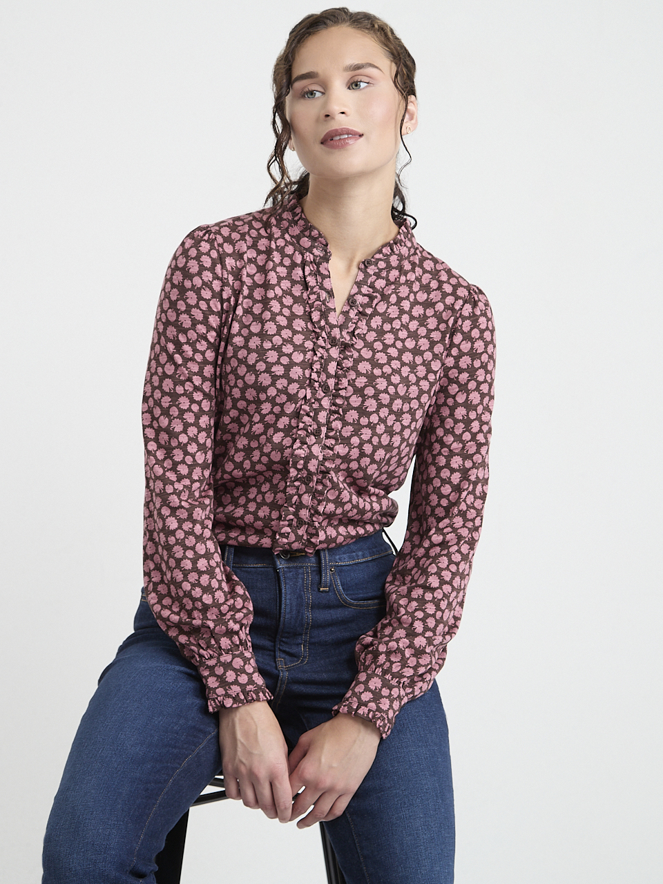 Ruffle Trim Button Up Blouse