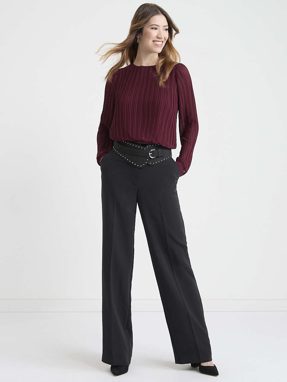 Long Sleeve Box Pleat Chiffon Blouse