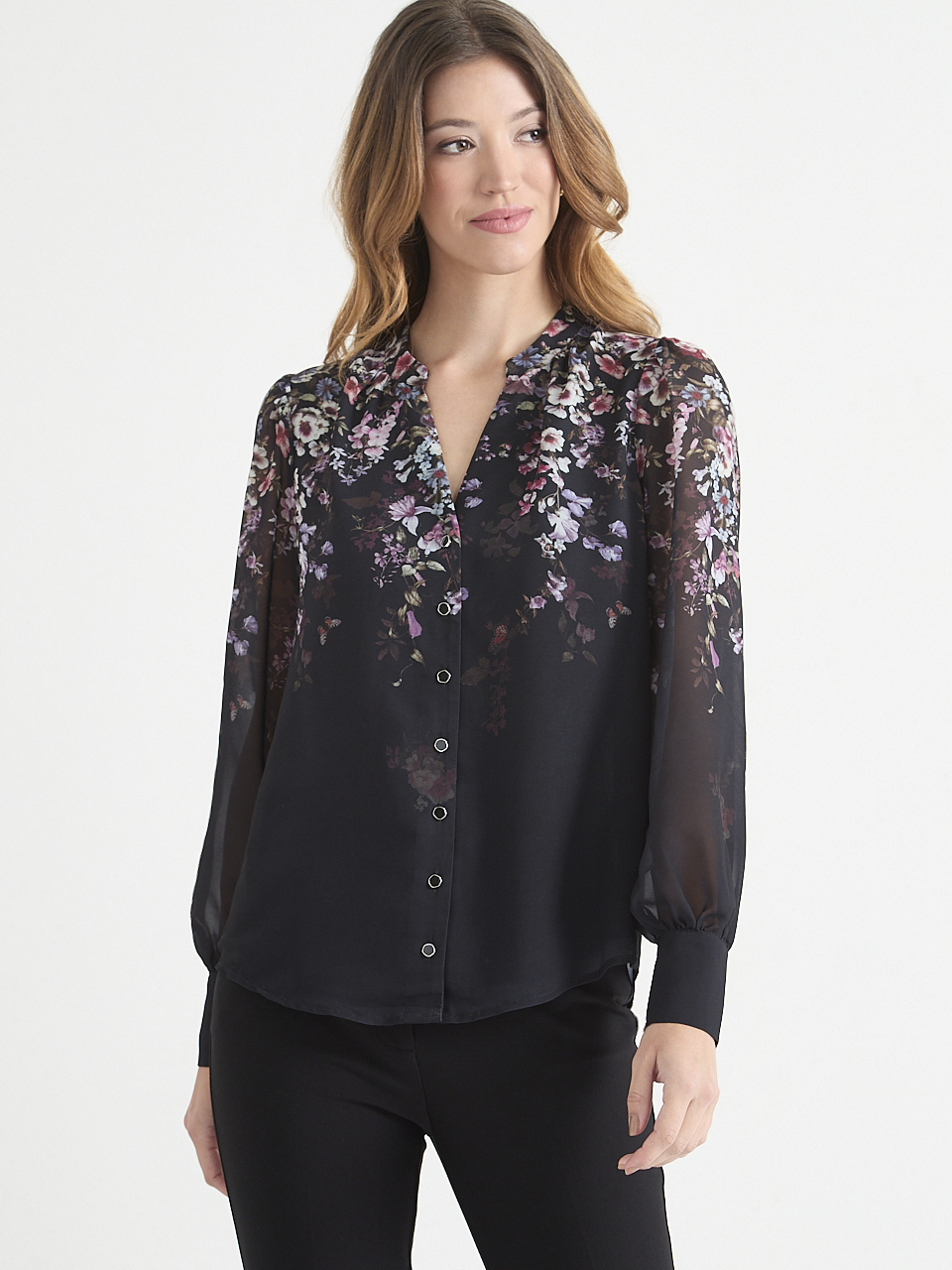Long Sleeve V-Neck Balloon Blouse