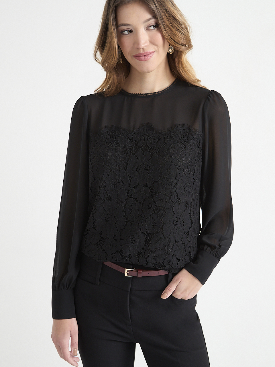 Long Sleeve Lace Illusion Blouse