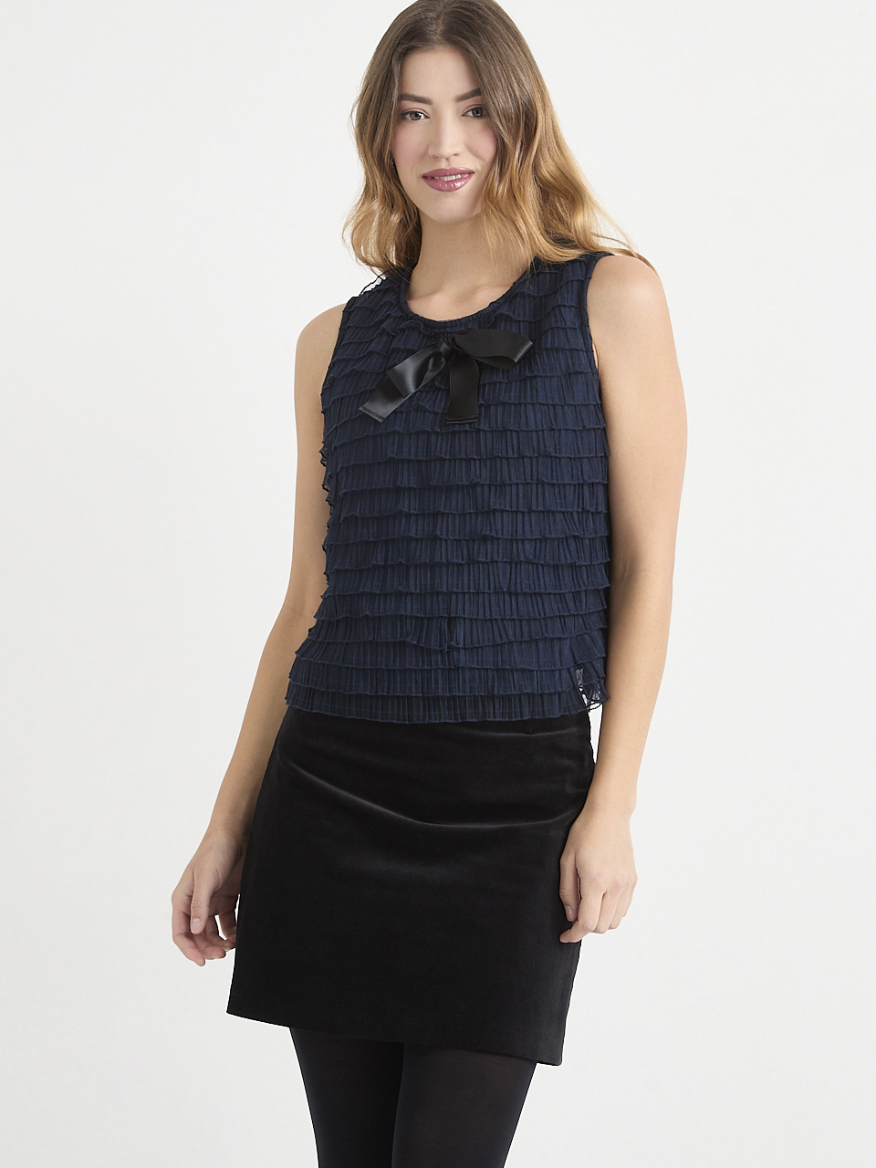 Sleeveless Knit Tiered Bow Top