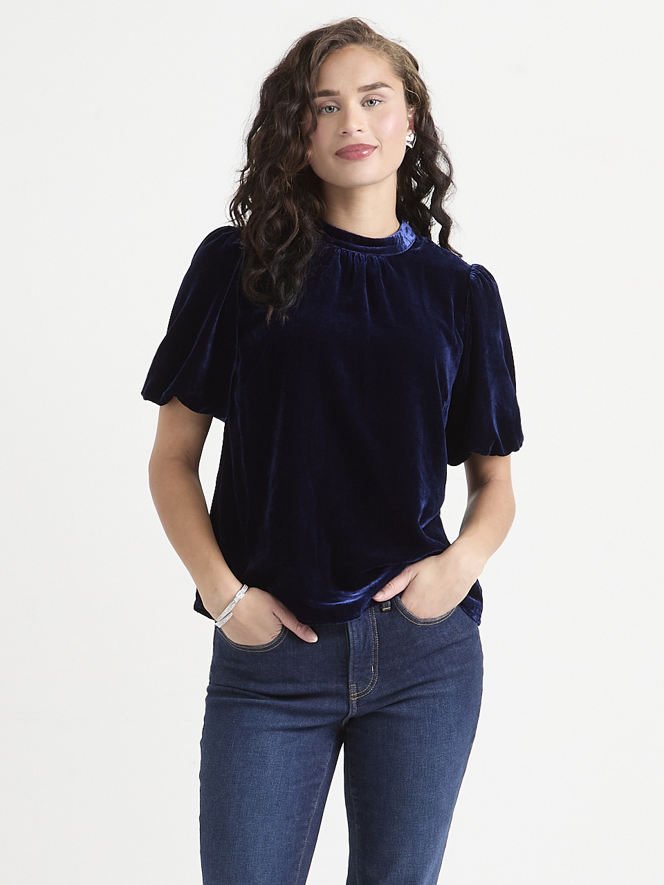 Velvet Short Puff Sleeve Blouse
