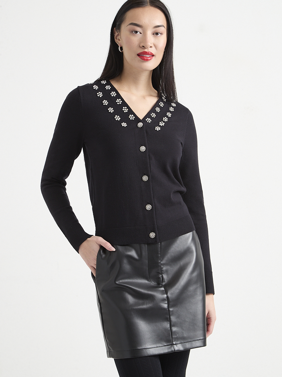 V-Neck Rhinestone Detail Cardigan