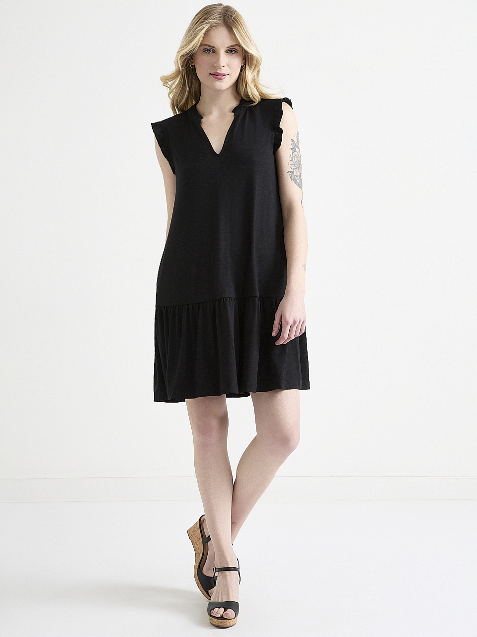 Knit Henley Flutter Sleeve Shirt-Dress