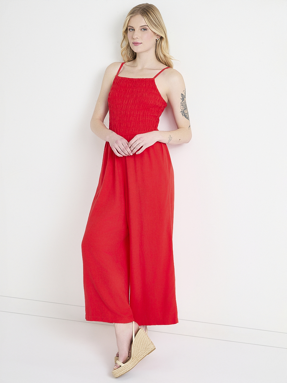 Linen Smocked Bodice Cropped Jumpsuit
